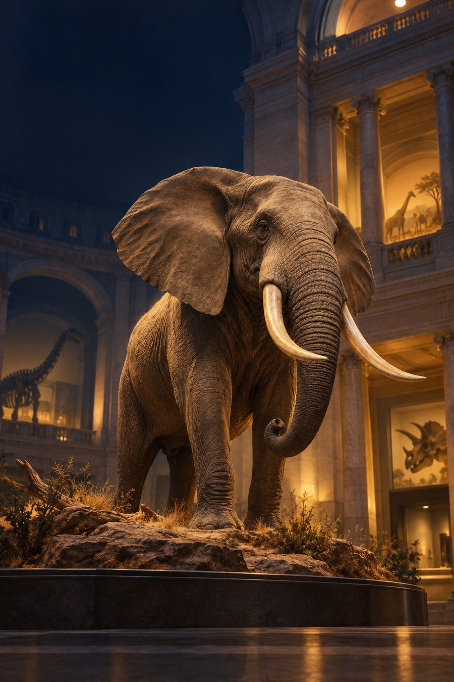 Original illustration of an elephant in a natural history museum